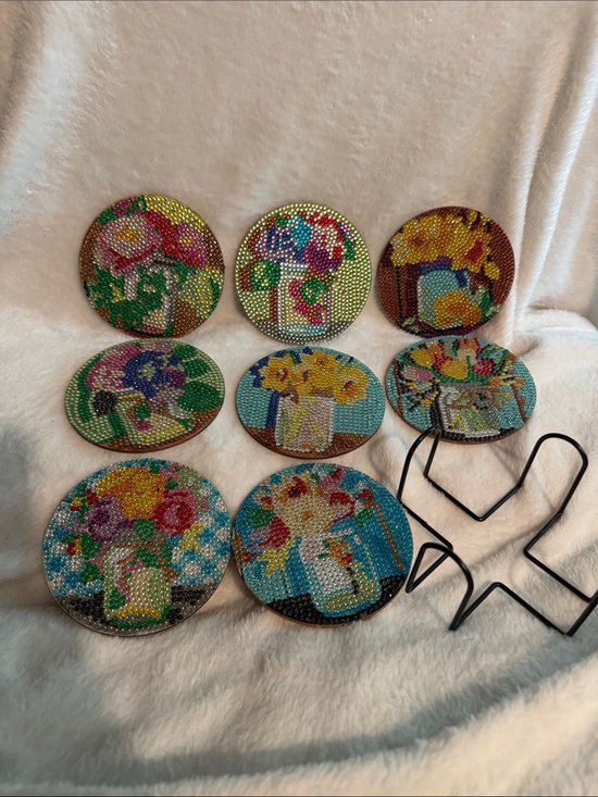 Handmade Other - Handcrafted Floral Beaded Coaster Set - Multicolor